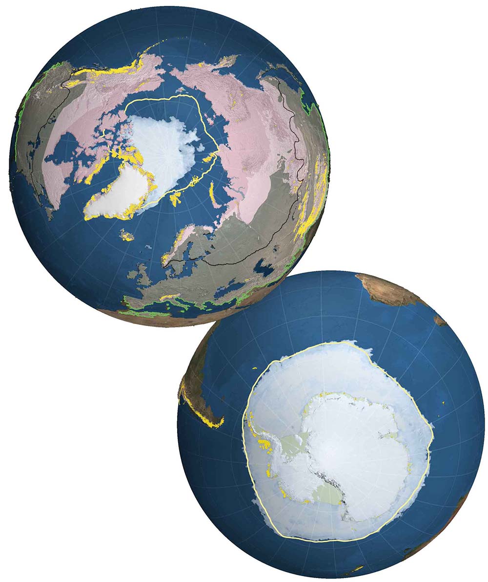 Globale Verteilung verschiedener Komponenten der Kryosphäre