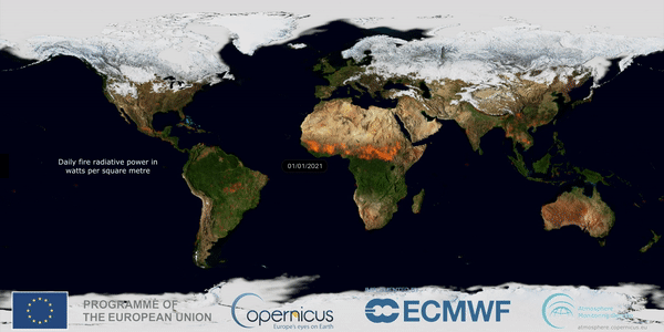 Animation of global fire activity from 01/01/2021 to 31/12/2021 showing daily fire radiative power in watts per square metre.