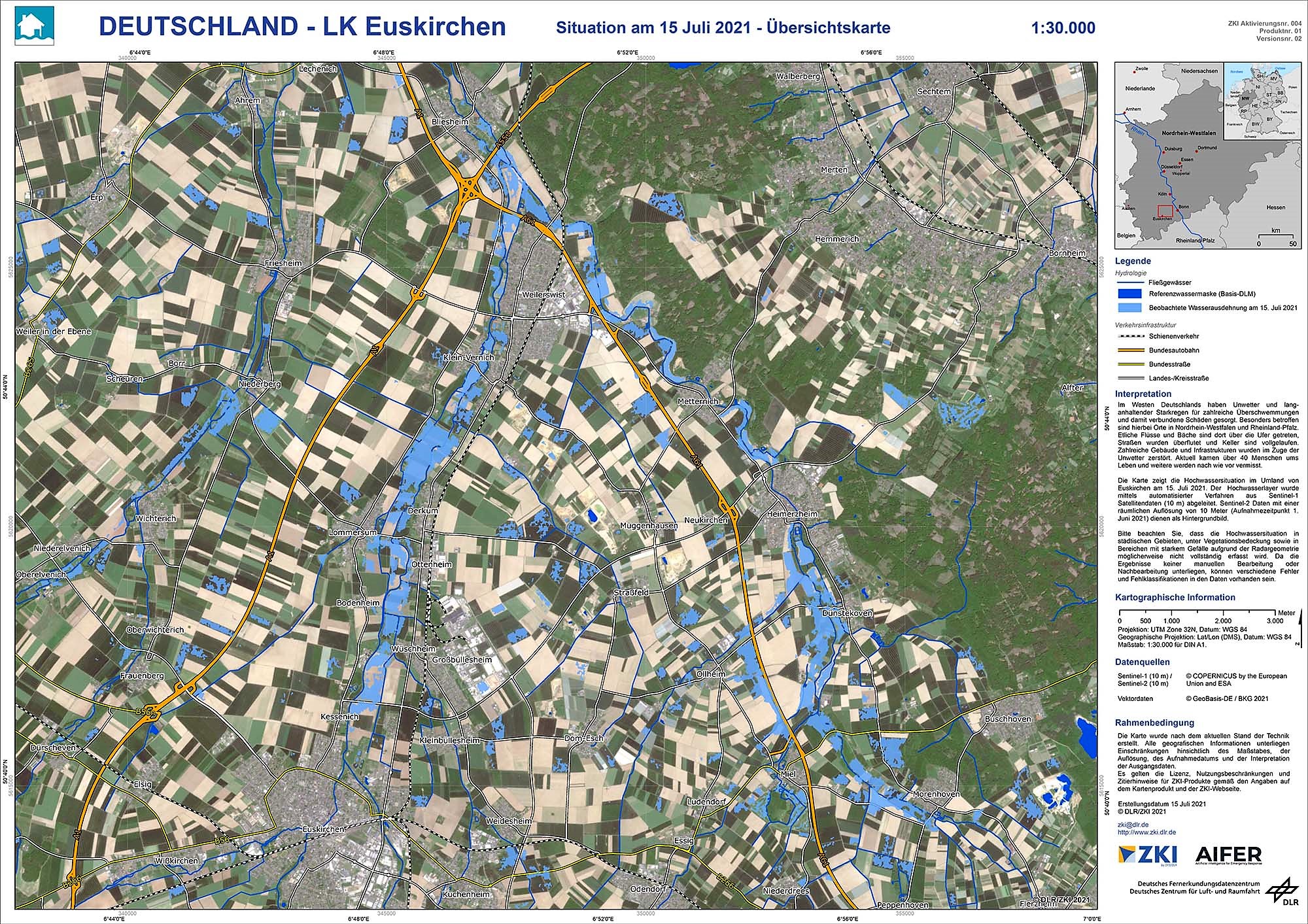 Hochwasserlage Landkreis Euskirchen vom 15. Juli 2021 - Übersichtskarte
