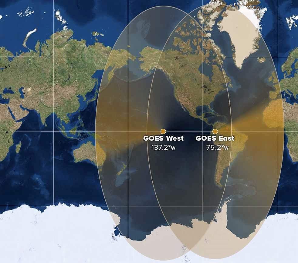 Karte mit der geographischen Abdeckung der GOES-Satelliten W und O