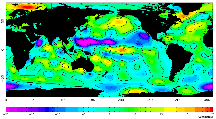 Anomalien der Meeresspiegelhöhen ermittelt mit Altimeterdaten von ERS-1 und -2, Animation von Januar 1997 bis Mai 2003