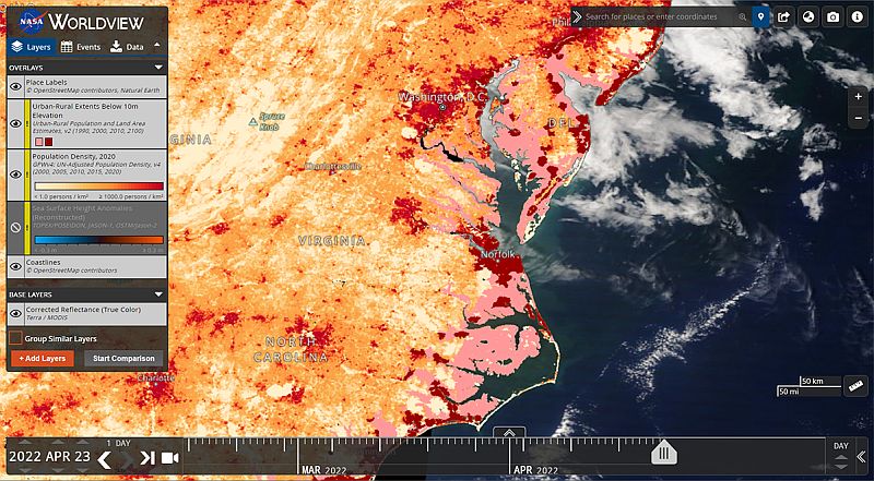 Worldview mit Kombination sozioökonomischer Daten und Daten zu Anomalien der Meeresspiegelhöhe